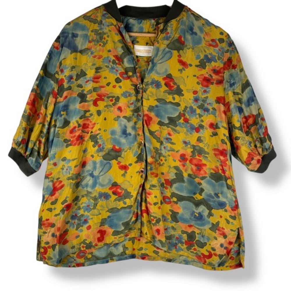 Vintage 90s Geiger Floral Print Top Women Size Large Artsy Painterly Boho Blouse